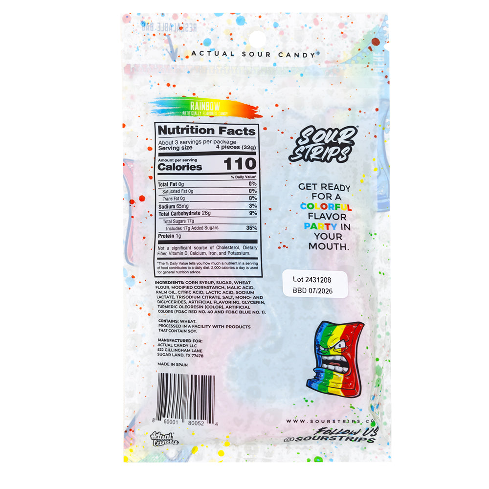 Sour Strips Rainbow - 96g  Nutrition Facts Ingredients
