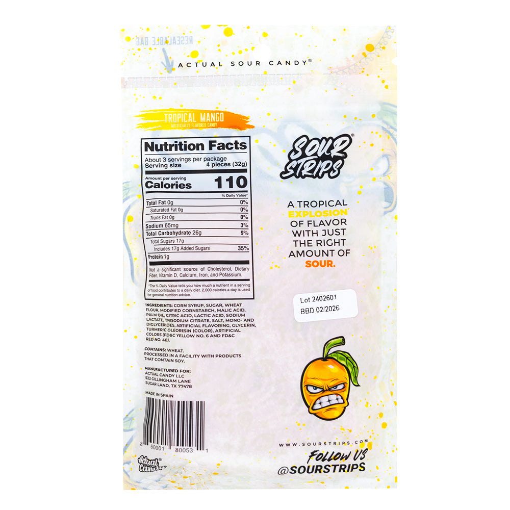 Sour Strips Tropical Mango - 96g  Nutrition Facts Ingredients
