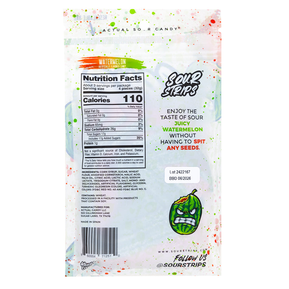 Sour Strips Watermelon - 96g  Nutrition Facts Ingredients
