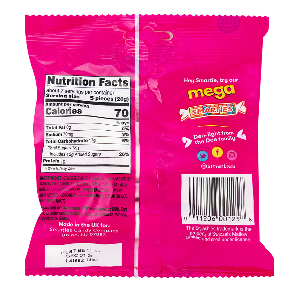 Smarties Squashies Raspberry and Cream Flavour - 5oz   Nutrition Facts Ingredients