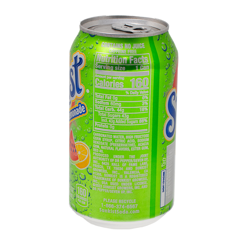 Sunkist Watermelon Lemonade - 355mL  Nutrition Facts Ingredients - Sunkist - Sunkist Drink - Sunkist Soda - Lemonade - Lemonade Candy - Sunkist Watermelon Lemonade - Watermelon Juice