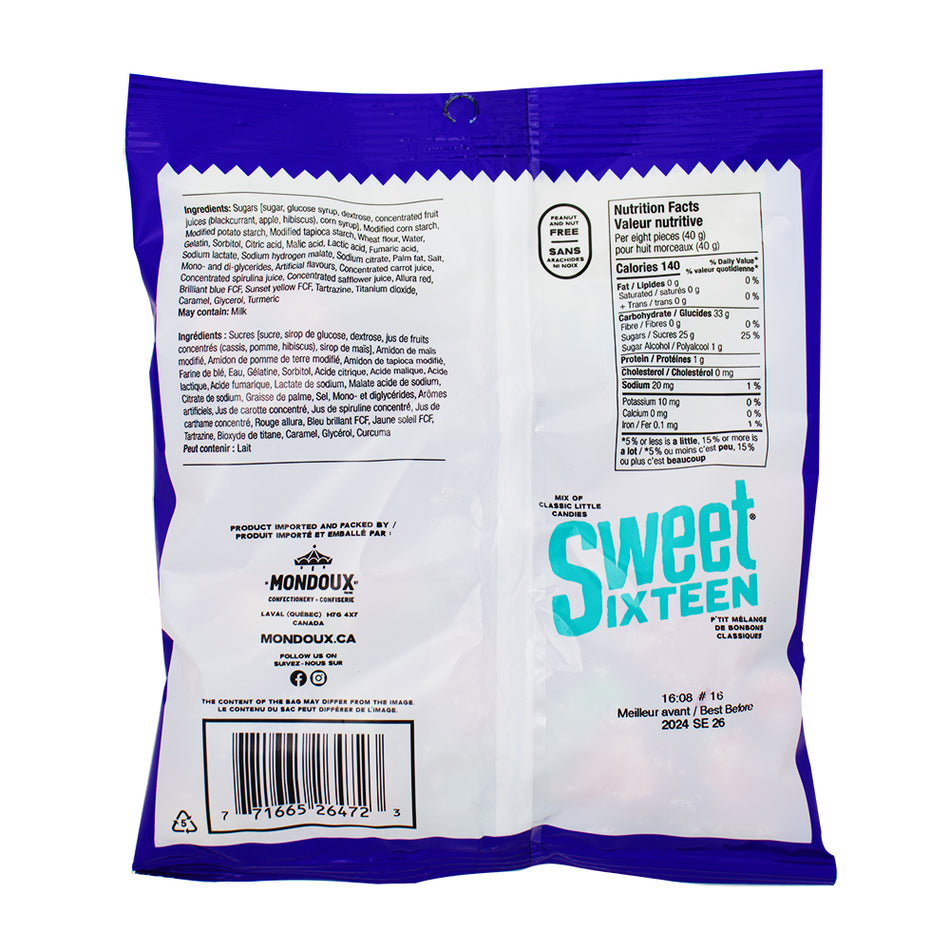 Sweet Sixteen Sweet & Sour - 185g Nutrition Facts Ingredients  - Canadian Candy - Mondoux Candy - Sour Candy - Gummy Candy
