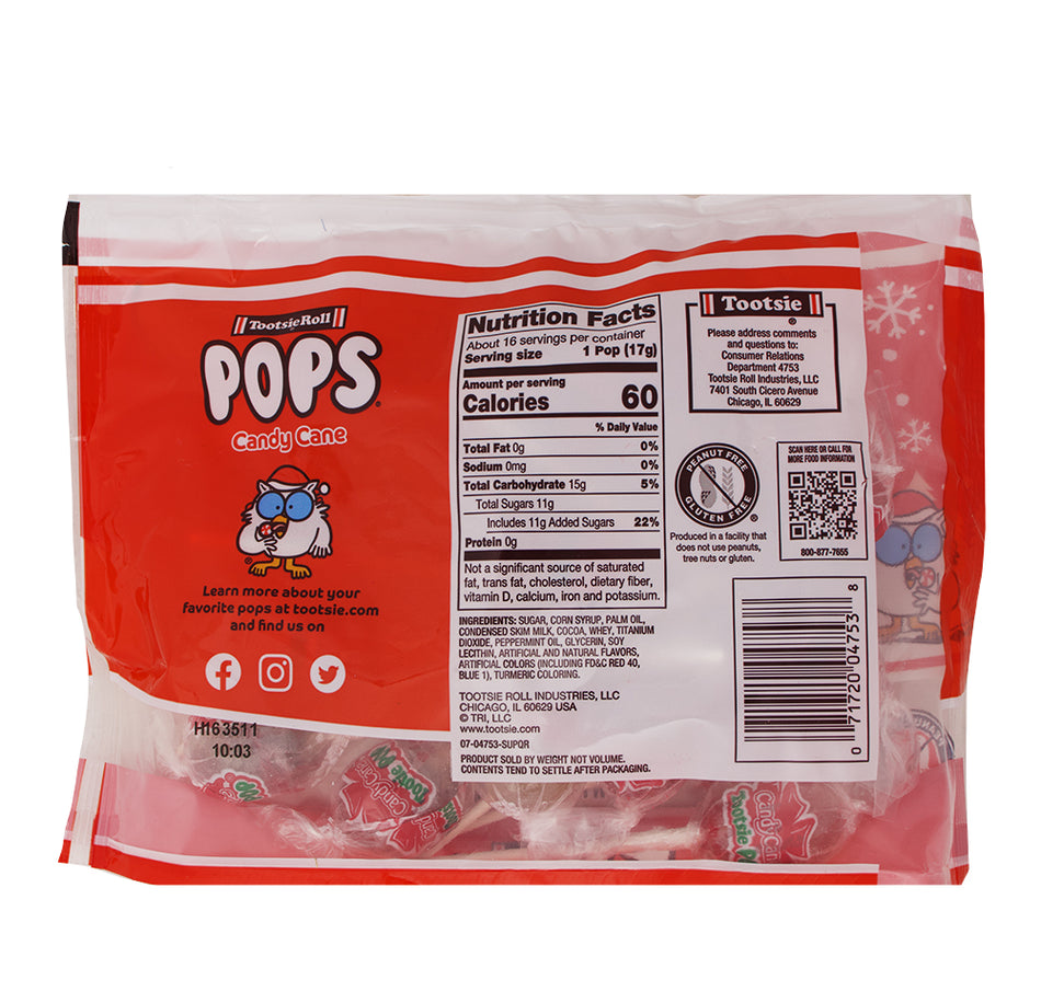 Tootsie Pops Candy Cane Peppermint - 9.6oz Nutrition Facts Ingredients - Tootsie Rolls - Tootsie Pops Candy Cane Peppermint - Peppermint Candy Canes - Tootsie Pops Candy Cane - Christmas Candy - Christmas Treats
