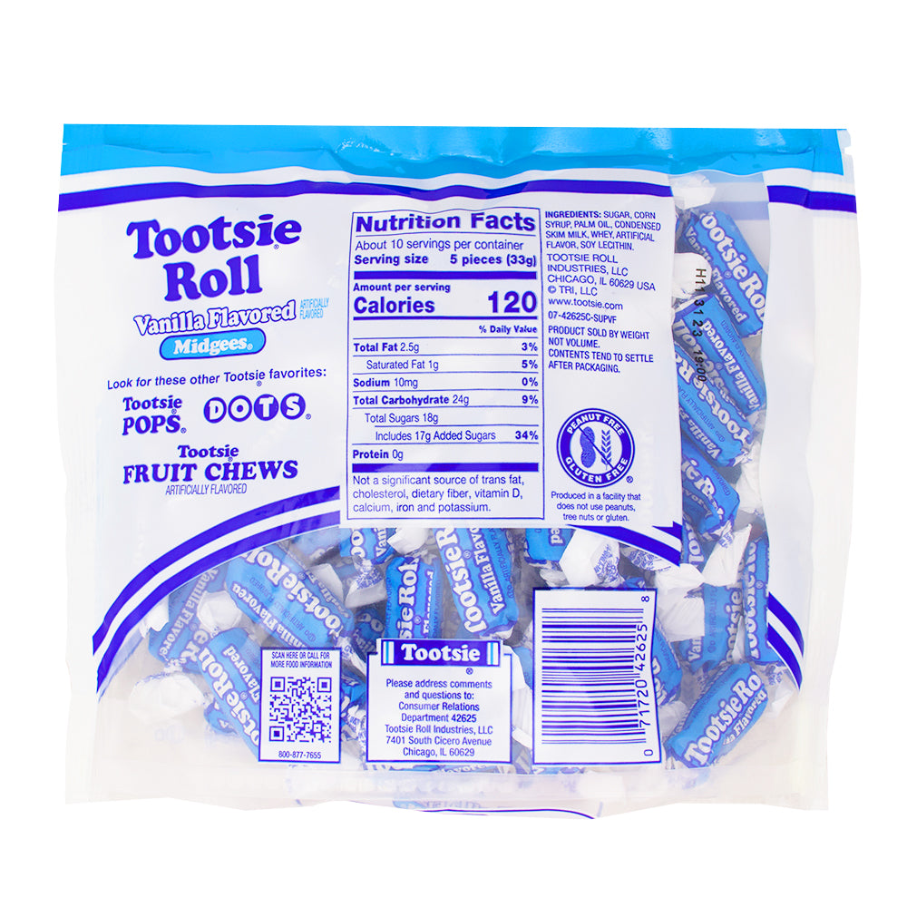 Tootsie Roll Vanilla Midgees - 12oz Nutrition Facts Ingredients - Tootsie Roll - Tootsie Roll Vanilla Midgees - Tootsie Roll Candy - Christmas Candy