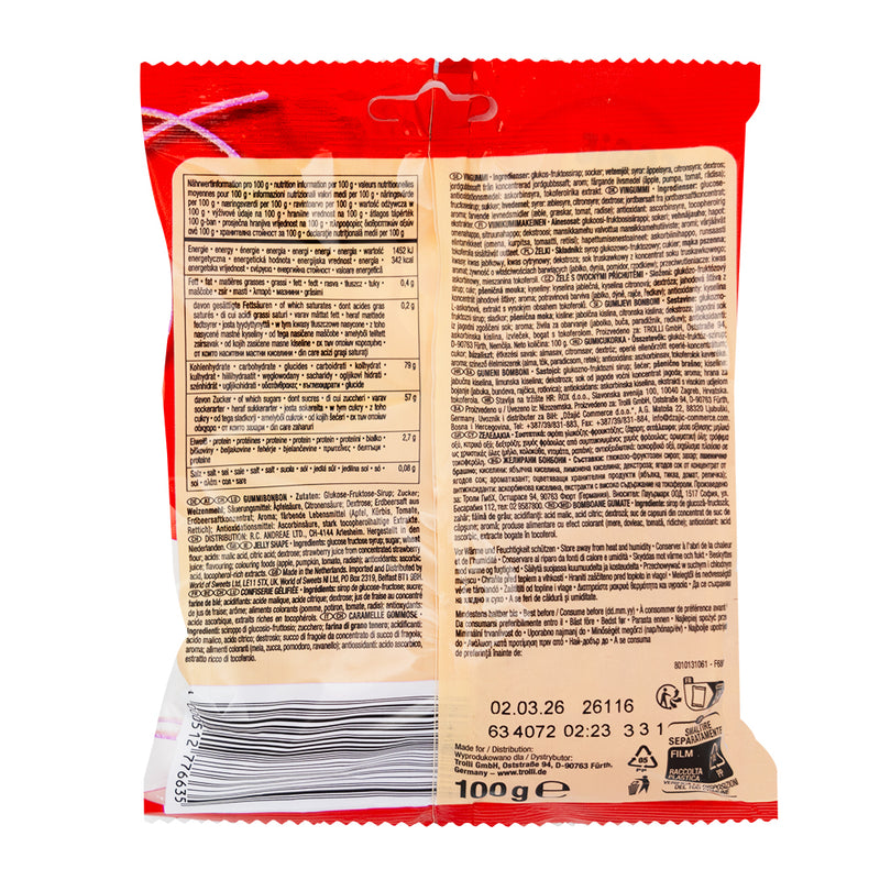 Trolli Vegan Spaghettini Sour Strawberry (Germany) - 100g  Nutrition Facts Ingredients - Trolli - Trolli Candy - Trolli Gummies - Vegan Candy - Sour Candy - Strawberry Candy - Trolli Sour Candy