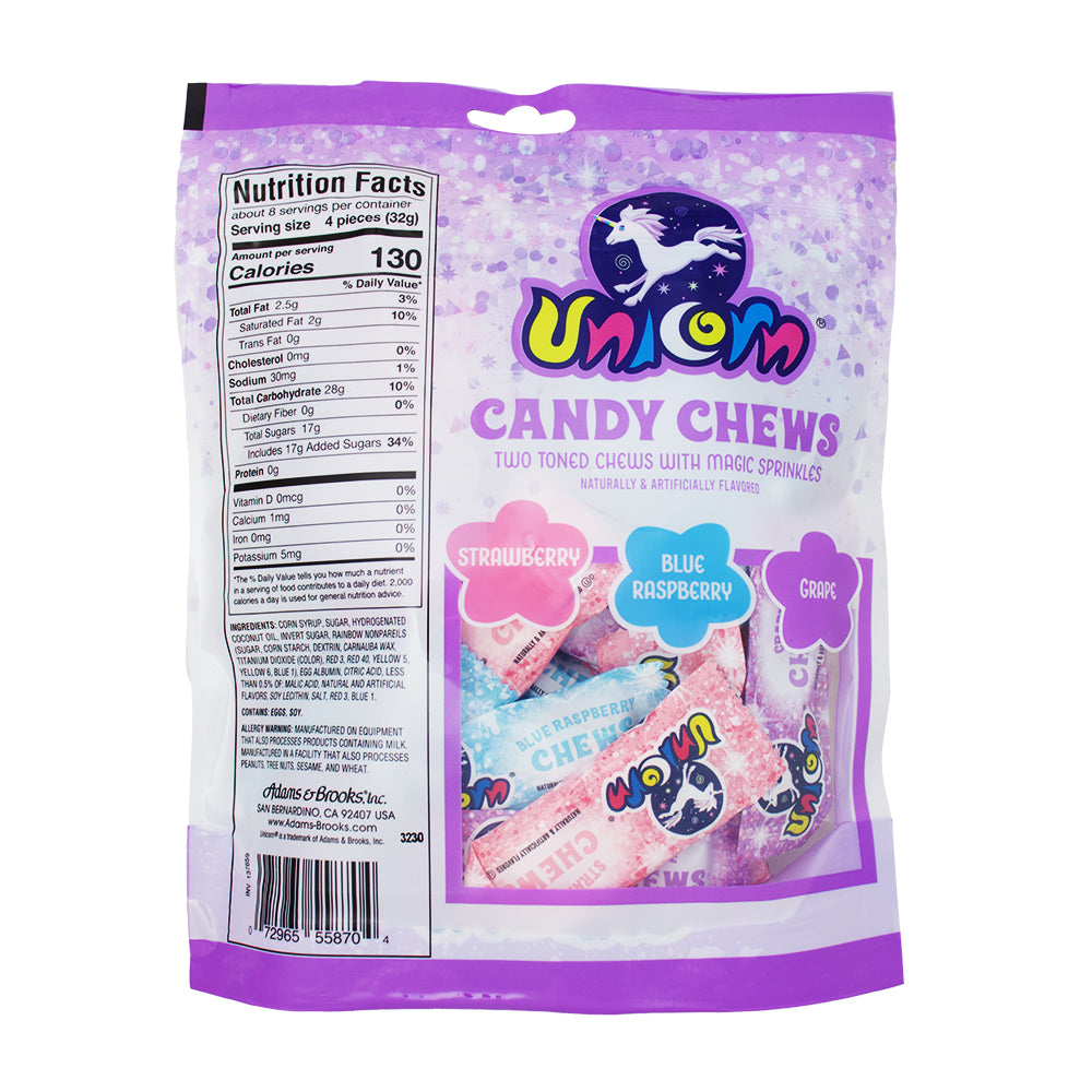 Adams & Brooks Unicorn Chews - 8.75oz Nutrition Facts Ingredients - Adams & Brooks Candy - Chewy Candy