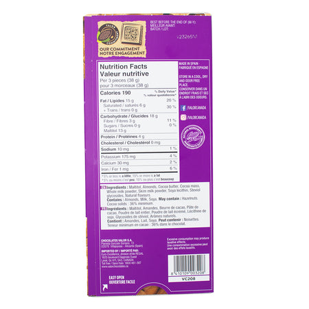 Valor Milk Chocolate with Almonds Sugar Free - 150 g  Nutrition Facts Ingredients