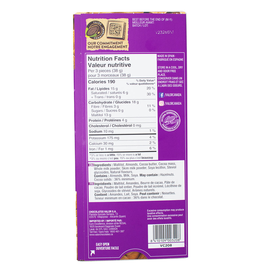 Valor Milk Chocolate with Almonds Sugar Free - 150 g  Nutrition Facts Ingredients