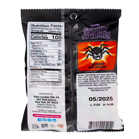 Vidal Gummy Spooky Spiders - 4.5oz  Nutrition Facts Ingredients - Vidal - Vidal Gummy - Vidal Gummies - Vidal Candy - Halloween Candy - Gummy - Gummies