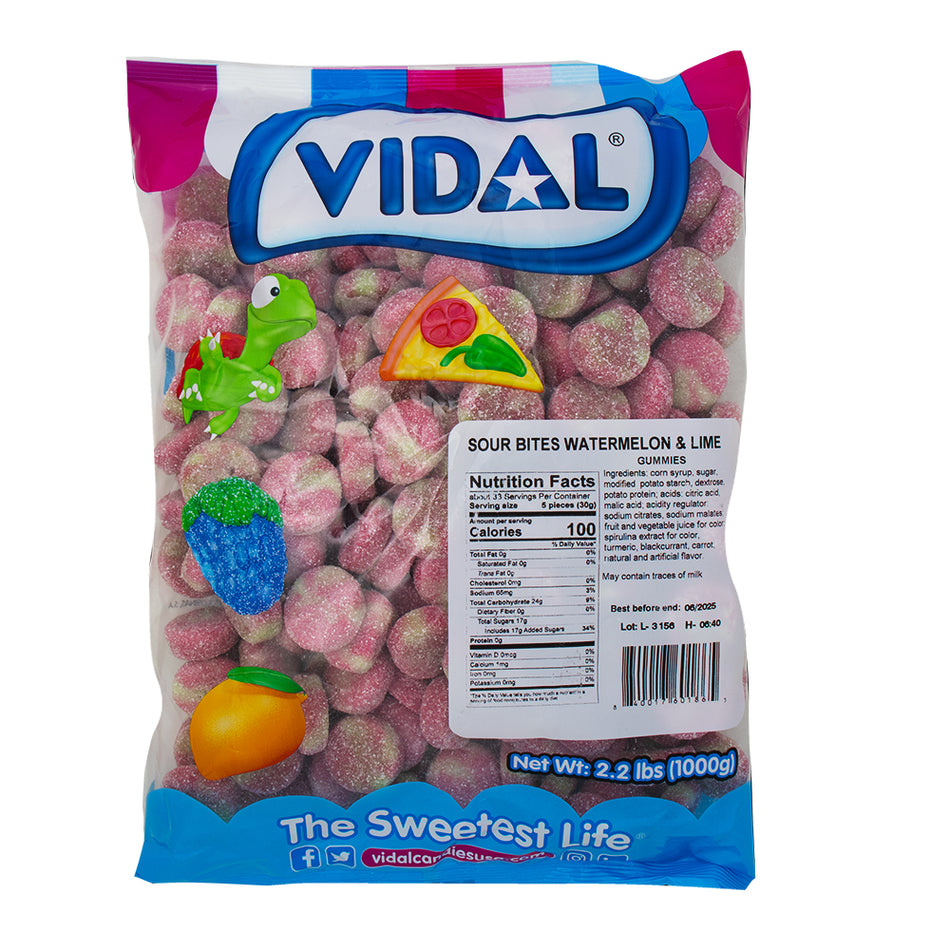 Vidal Sour Bites Watermelon & Lime - 2.2lb Nutrition Facts Ingredients - Vidal Sour Bites - Watermelon & Lime gummies - Tangy candy sensation - Chewy fruit-flavoured delights - Tropical fiesta candy - Juicy watermelon and zesty lime - Bulk sour candy bag - Fruity pick-me-up snacks - Candy paradise treats - Sour candy enthusiasts' favourite - Vidal - Vidal Candy - Vidal Sour Candy - Sour Candy - Bulk Candy