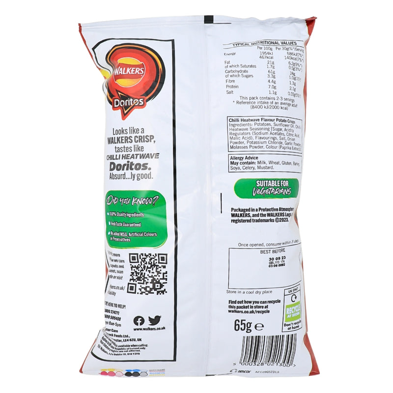 Walkers Doritos Chilli Heatwave - 65g (UK) Nutrition Facts Ingredients - Walkers Doritos Chilli Heatwave - Flamin' Flavour Fiesta - Intense Heatwave - Snack Time Party - Spice Up Your Snack Game - Bold and Spicy - Fiery Fun - Flavour Explosion - Crunchy Delight - Chili Intensity
