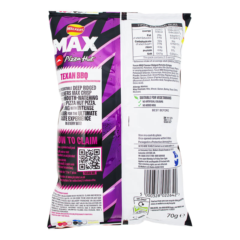 Walkers Pizza Hut Texas BBQ - 70g Nutrition Facts Ingredients - British Snacks - Potato Chips - Pizza Hut Chips - Walkers Pizza Hut Chips