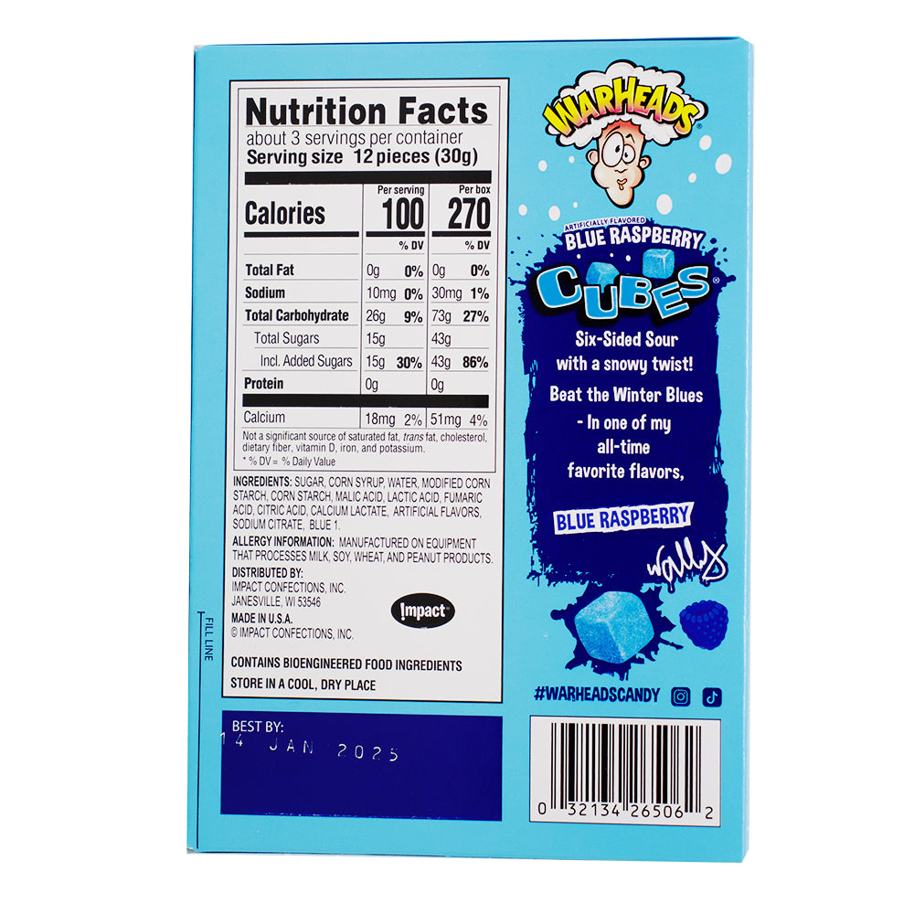 Warheads Blue Raspberry Blizzard Cubes Christmas - 3oz Nutrition Facts Ingredients - Warheads All Blue Chewy Cubes - Winter Candy - Christmas Treats - Sour Candy Delight - Holiday Gift Ideas - Frosty Flavoured Candies - Christmas Candy - Christmas Treats