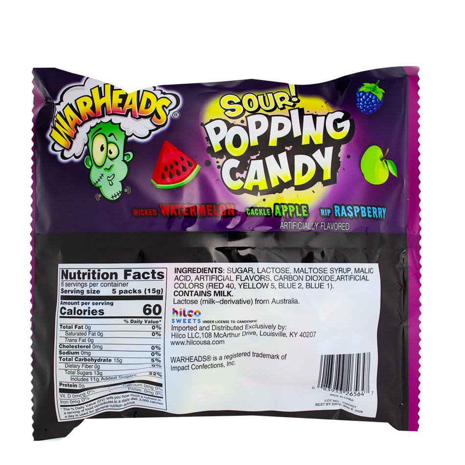 Warheads Sour Popping Candy - 30ct  Nutrition Facts Ingredients