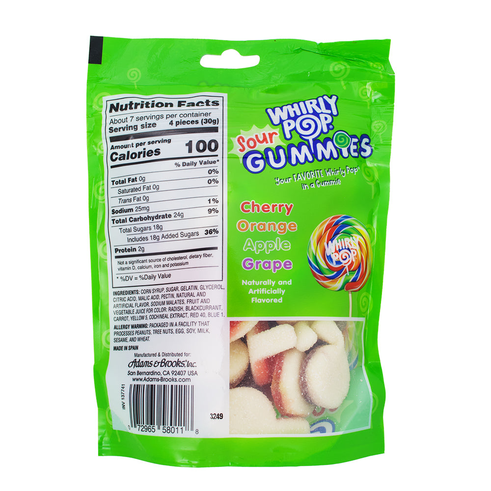 Adams & Brooks Whirly Pop Sour Gummies - 7.5oz Nutrition Facts Ingredients - Sour Candy - Gummy Candy - Adams & Brooks Candy