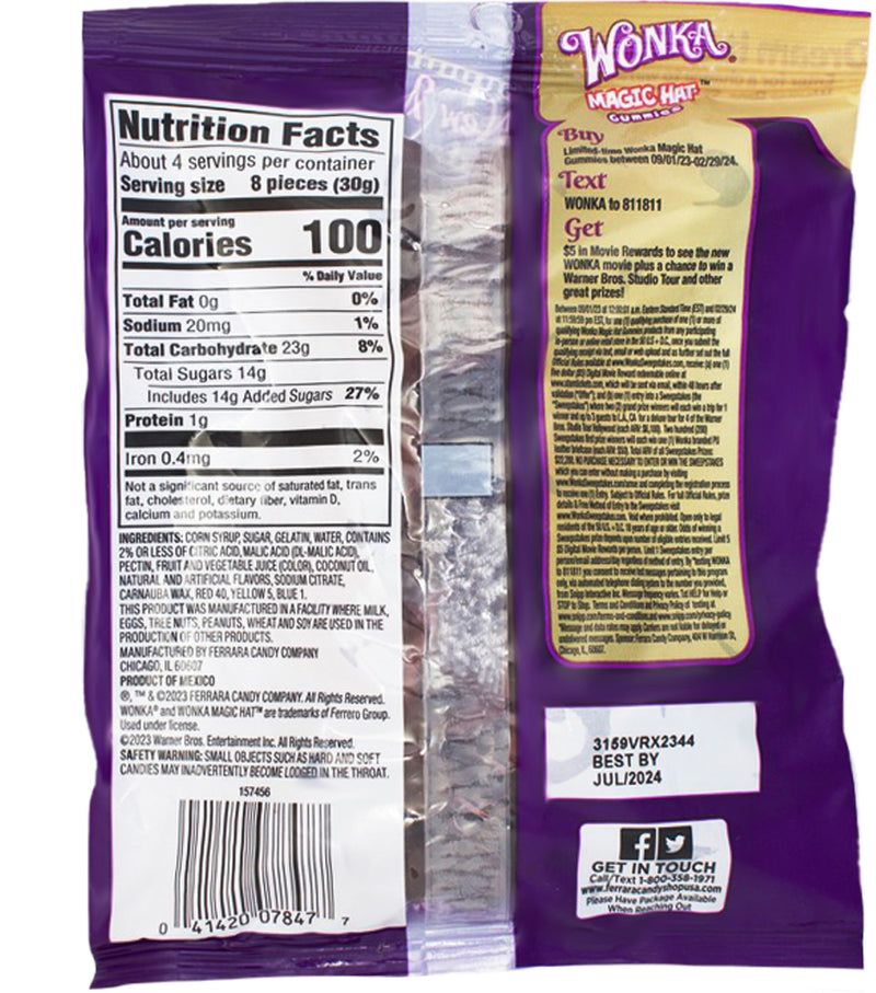 Wonka Magic Hat Gummies - 4oz Nutrition Facts Ingredients - Wonka - wonka candy - gummy candy - gummy - gummies - gummy candies