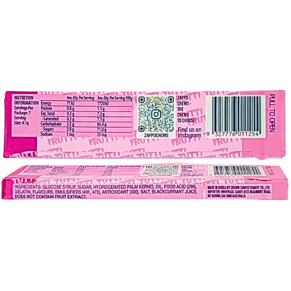 Zappo Sour Tutti Frutti Chews (Aus) - 29g