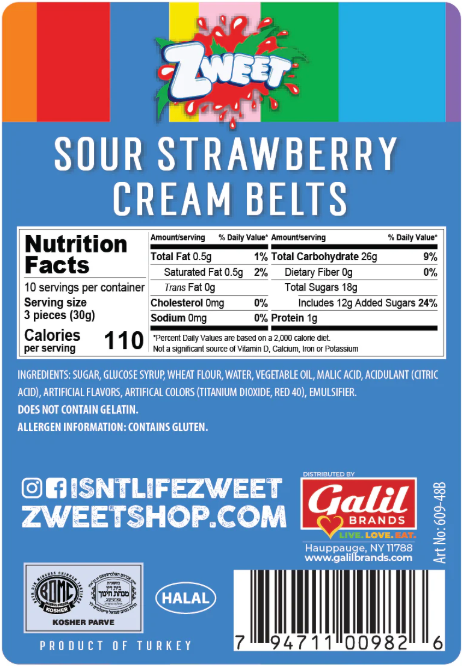 Zweet Sour Belts Strawberry Cream - 10oz