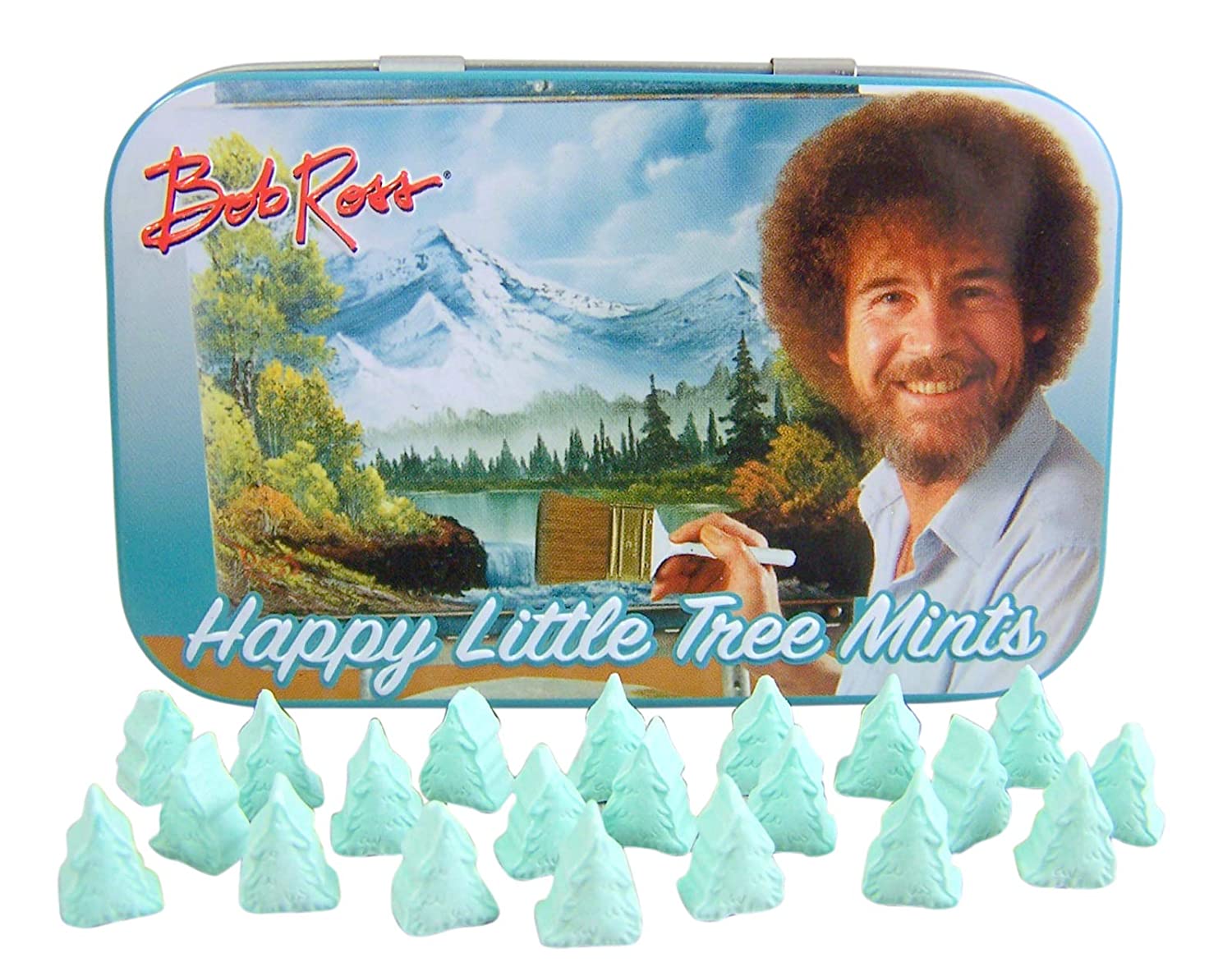 Bob Ross Happy Little Tree Mints Candy candies imported goods snacks snack imports treats gifts gift sets gag gifts fun funny exclusive limited special edition unique flavours import retro nostalgic old fashioned childhood candy shipped to Canada America world-wide international shipping online candy store mint novelty gift artist art lovers fun  christmas stocking stuffer holiday edition