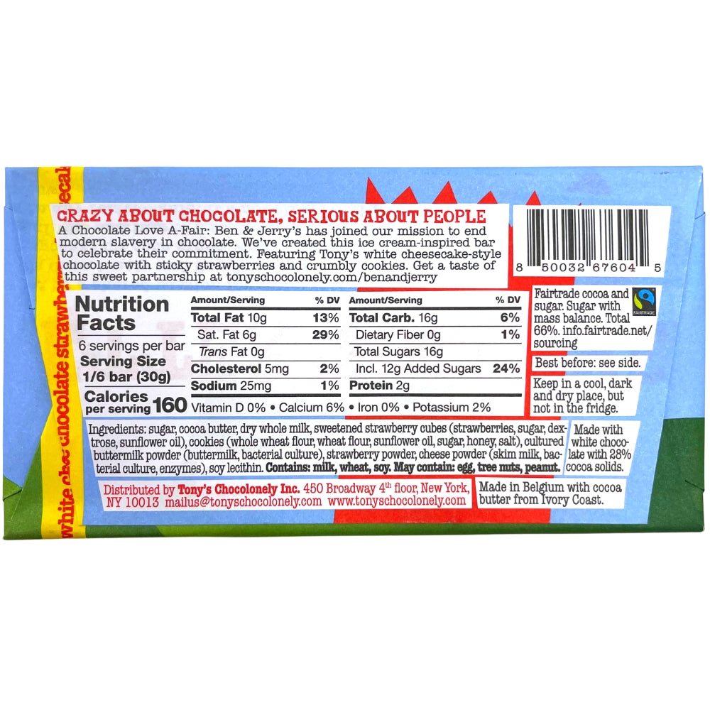 Ben and Jerry's Tony's Chocolonely Chocolate Love A-Fair White Chocolate Strawberry Cheesecake - 180g Backside