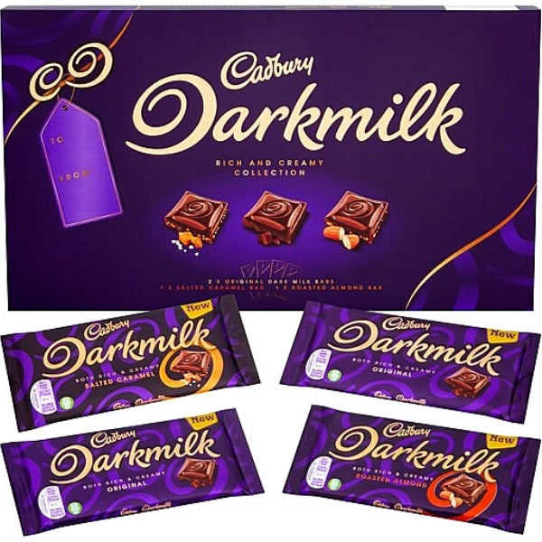 Cadbury Darkmilk Rich and Creamy Collection Gift Box Salted Caramel, Original Darkmilk, Roasted Almond, and Crunchy Cocoa Pieces christmas gift stocking stuffer holiday  assorted package British chocolates UK