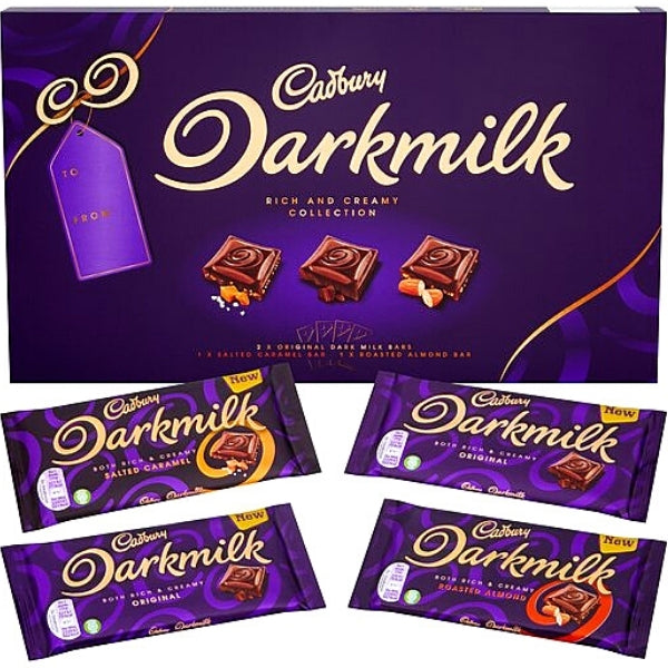 Cadbury Darkmilk Rich and Creamy Collection Gift Box Salted Caramel, Original Darkmilk, Roasted Almond, and Crunchy Cocoa Pieces christmas gift stocking stuffer holiday  assorted package British chocolates UK