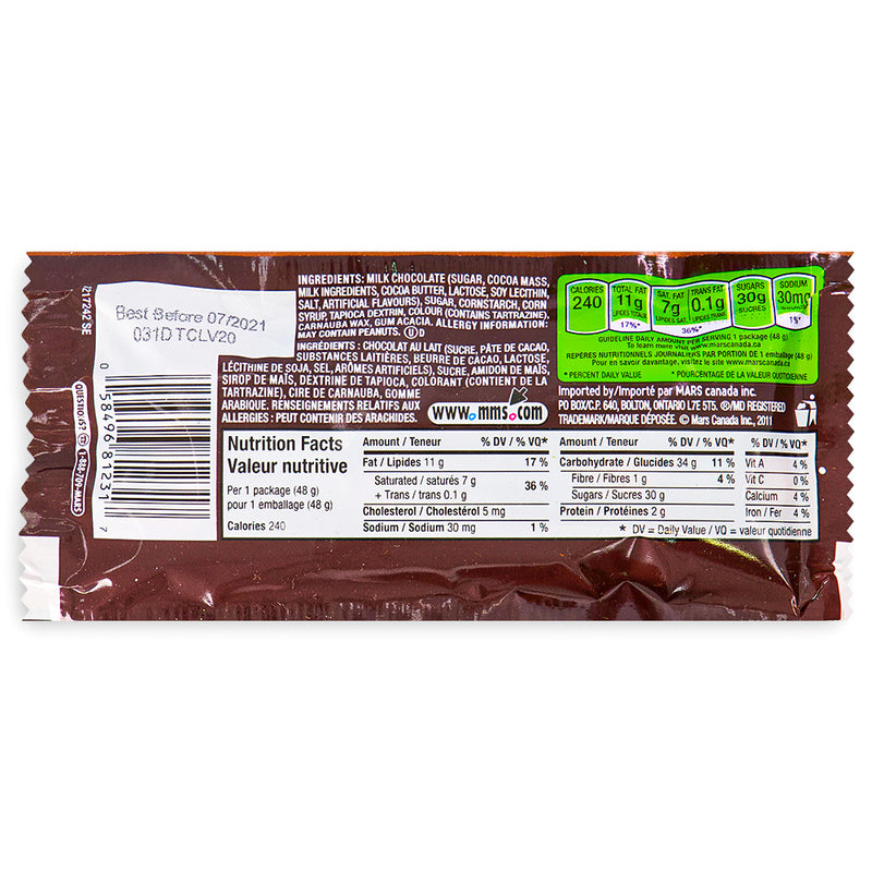 M&M's Milk Chocolate Candies 1.69 oz. Back