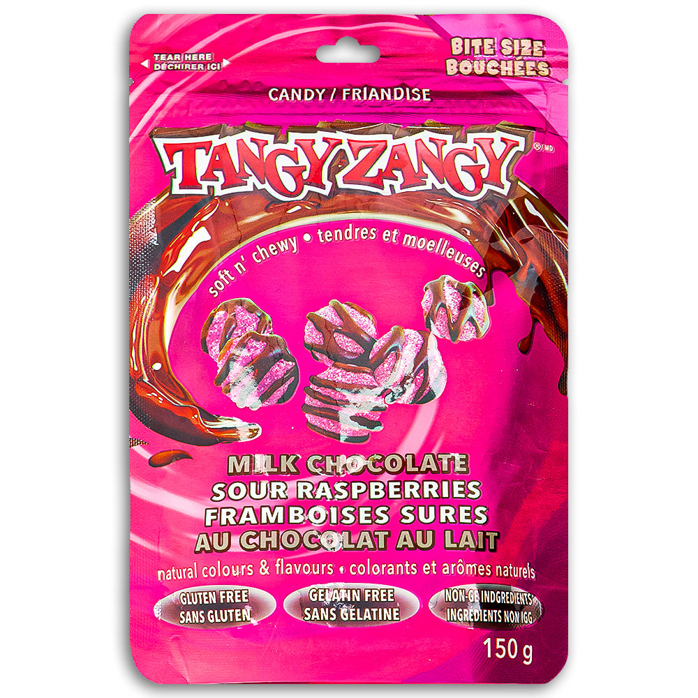 Tangy Zangy Milk Chocolate Sour Raspberries Candy 150g Front