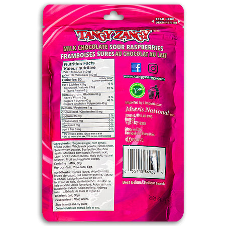 Tangy Zangy Milk Chocolate Sour Raspberries Candy 150g Back Ingredients