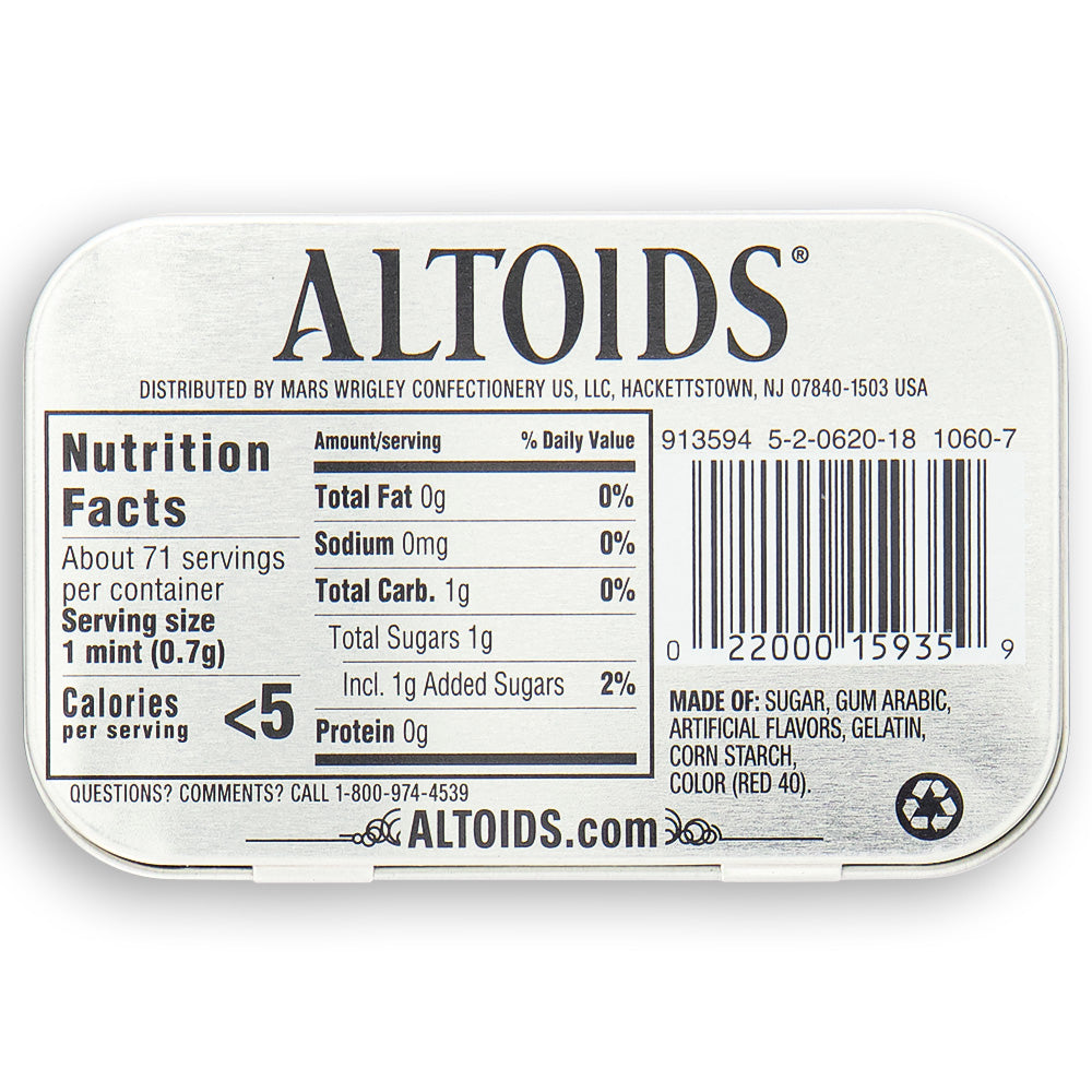Altoids Cinnamon Mints 1.76oz Back Ingredients