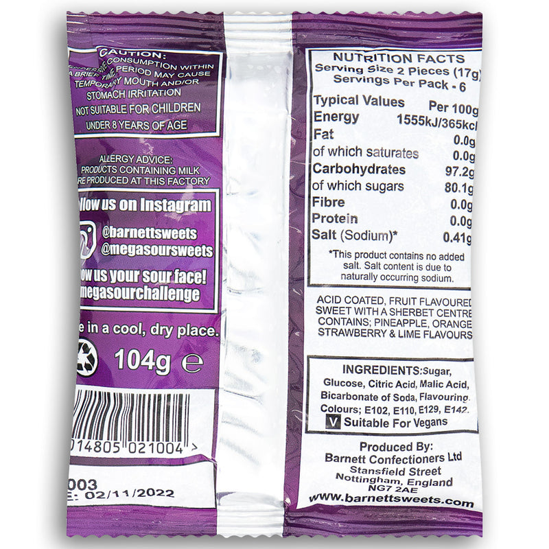 Barnetts Mega Sour Fruits UK 104g Most Sour Candy - Mega Sour Challenge Back Ingredients