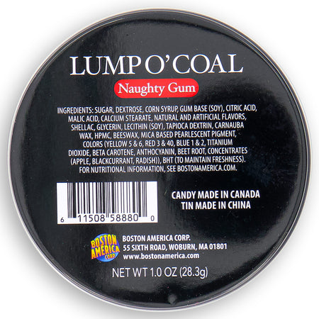 Lump O' Coal Bubble Gum Tin 28g Back Ingredients - Lump O’ Coal Bubble Gum - Bubble Gum - Chewing Gum - Christmas Candy - Stocking Stuffers