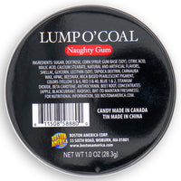 Lump O' Coal Bubble Gum Tin 28g Back Ingredients - Lump O’ Coal Bubble Gum - Bubble Gum - Chewing Gum - Christmas Candy - Stocking Stuffers