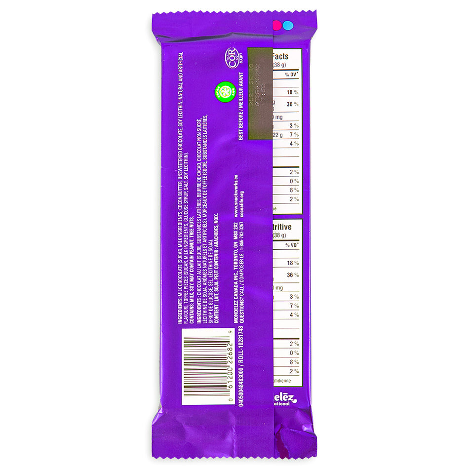 Cadbury Dairy Milk Toffee Chocolate Bar 100g Cadbury Canada Back