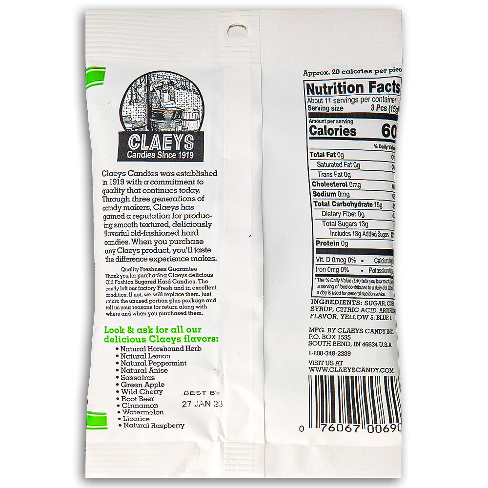 Claeys Green Apple Old Fashioned Hard Candies 170g Back Ingredients