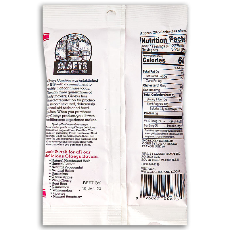 Claeys Cinnamon Old Fashioned Hard Candies 170g Back Ingredients