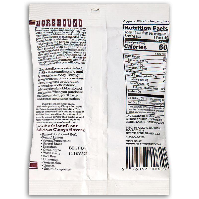 Claeys Horehound Old Fashioned Hard Candies 170g Back Ingredients 