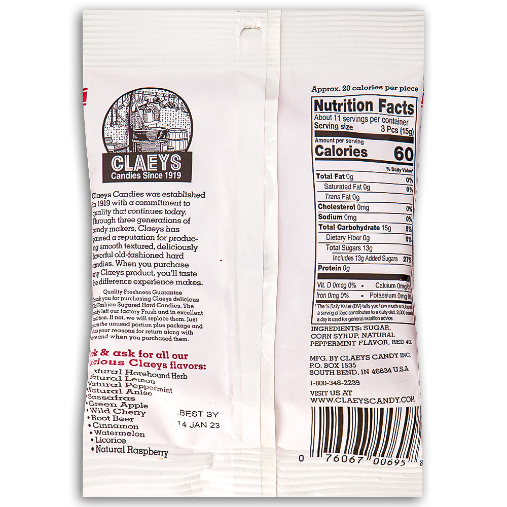 Claeys Peppermint Old Fashioned Hard Candies 170g Back Ingredients