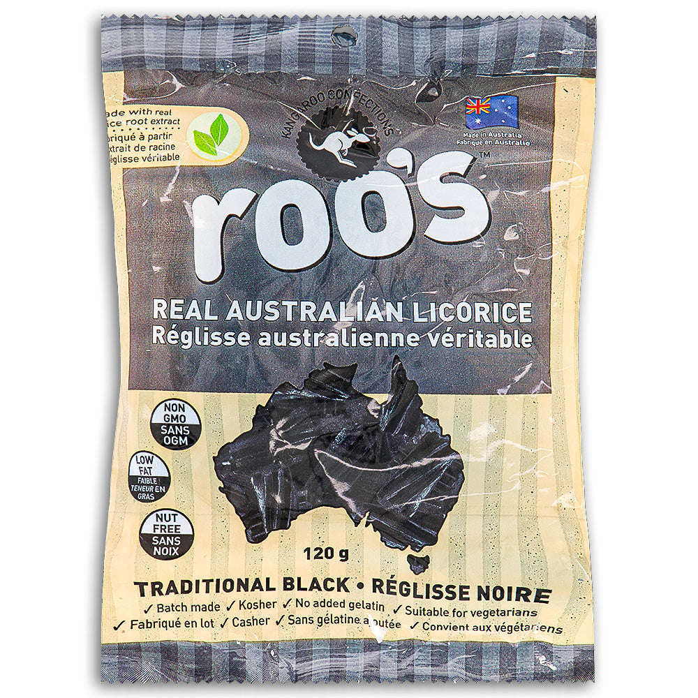 Roo's Australian Licorice Traditional Black 120g Front
