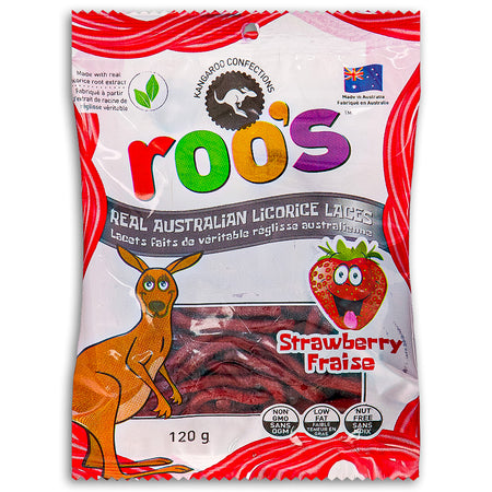 Roo's Australian Licorice Laces Strawberry 120g Front