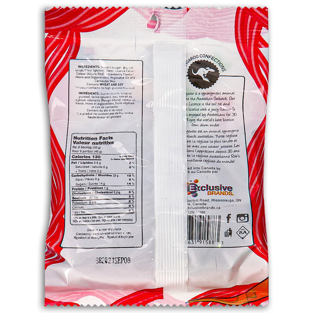 Roo's Australian Licorice Laces Strawberry 120g Back Ingredients