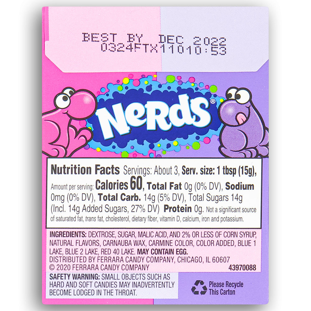 Nerds Candy Grape & Strawberry 1.65 oz Back Ingredients - willy wonka - nerds candy - retro candies