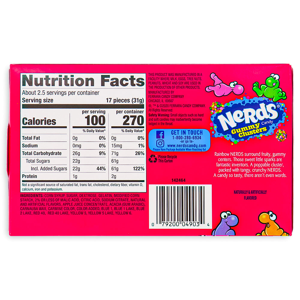 Nerds Gummy Clusters Theater Bo 3oz Back Ingredients  Wonka Candy