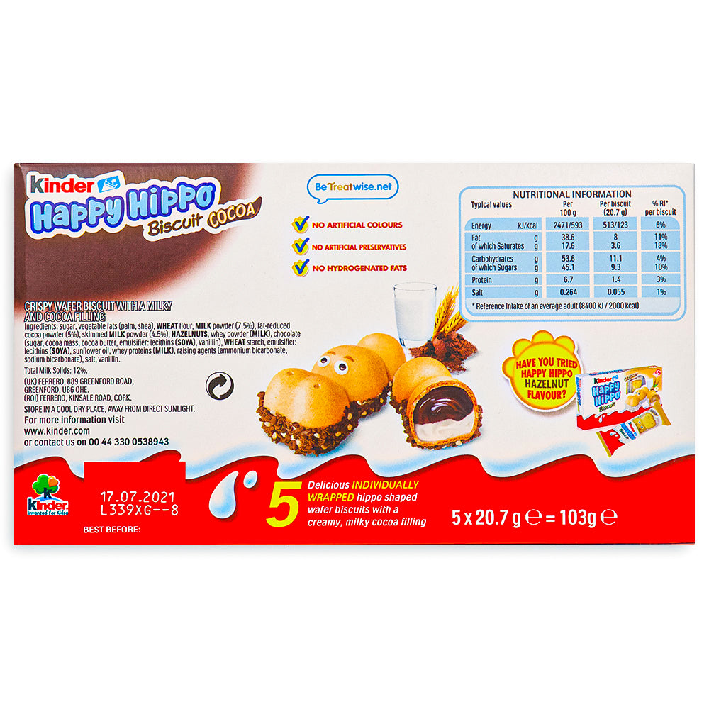 Kinder Happy Hippo Cocoa Cream Biscuits 5 PACK 103.5g Back
