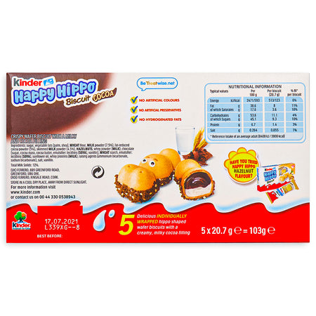 Kinder Happy Hippo Cocoa Cream Biscuits 5 PACK 103.5g Back