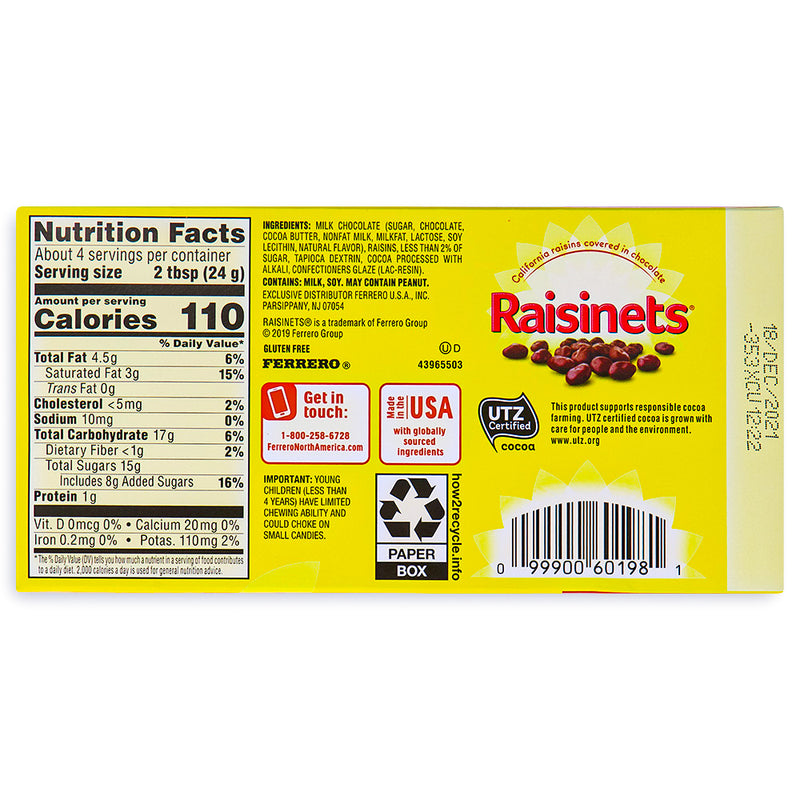 Raisinets Milk Chocolate Theatre Pack 3.5oz Back