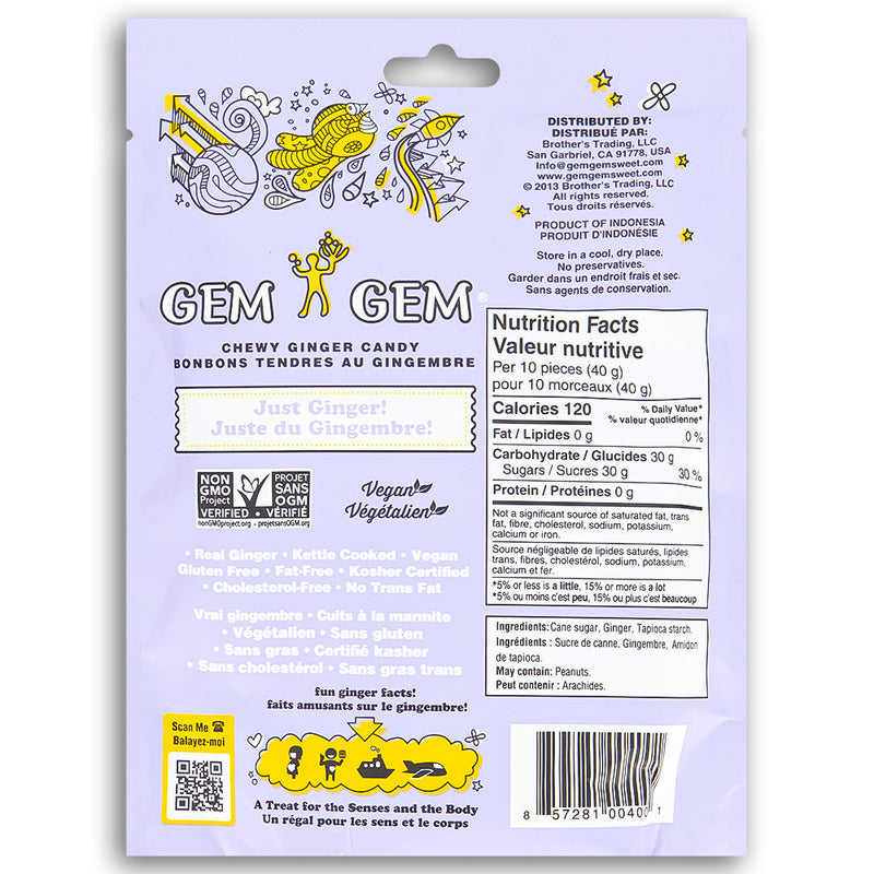 Gem Gem Original Ginger Candy 100g Back Ingredients