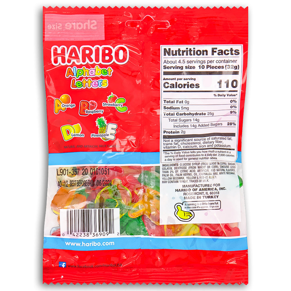 Haribo Alphabet Letters Gummi Candy 142g Back Ingredients
