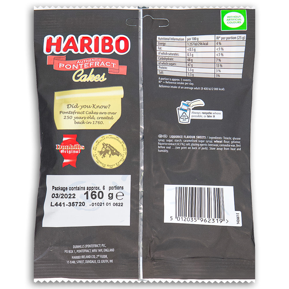 Haribo Pontefract Cakes UK 160g Back Ingredients