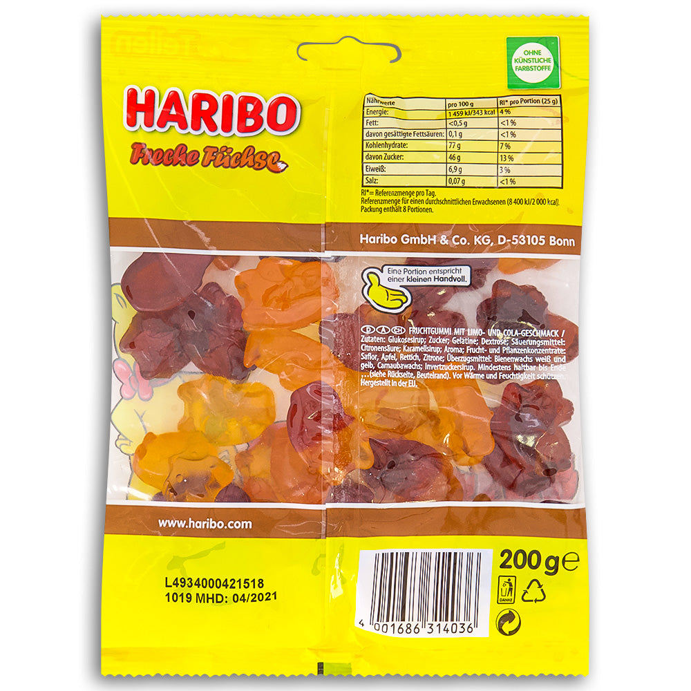Haribo Frecha Fuchse Naught Foxes Gummy Candy 200g Back Ingredients